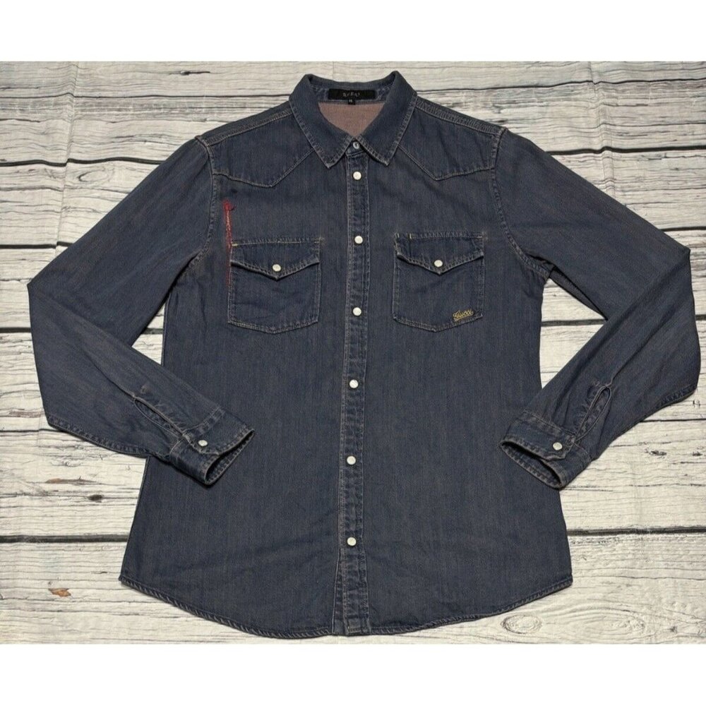 Gucci Mens Pearl Snap Blue Western Shirt Long Sleeve Size XL 48